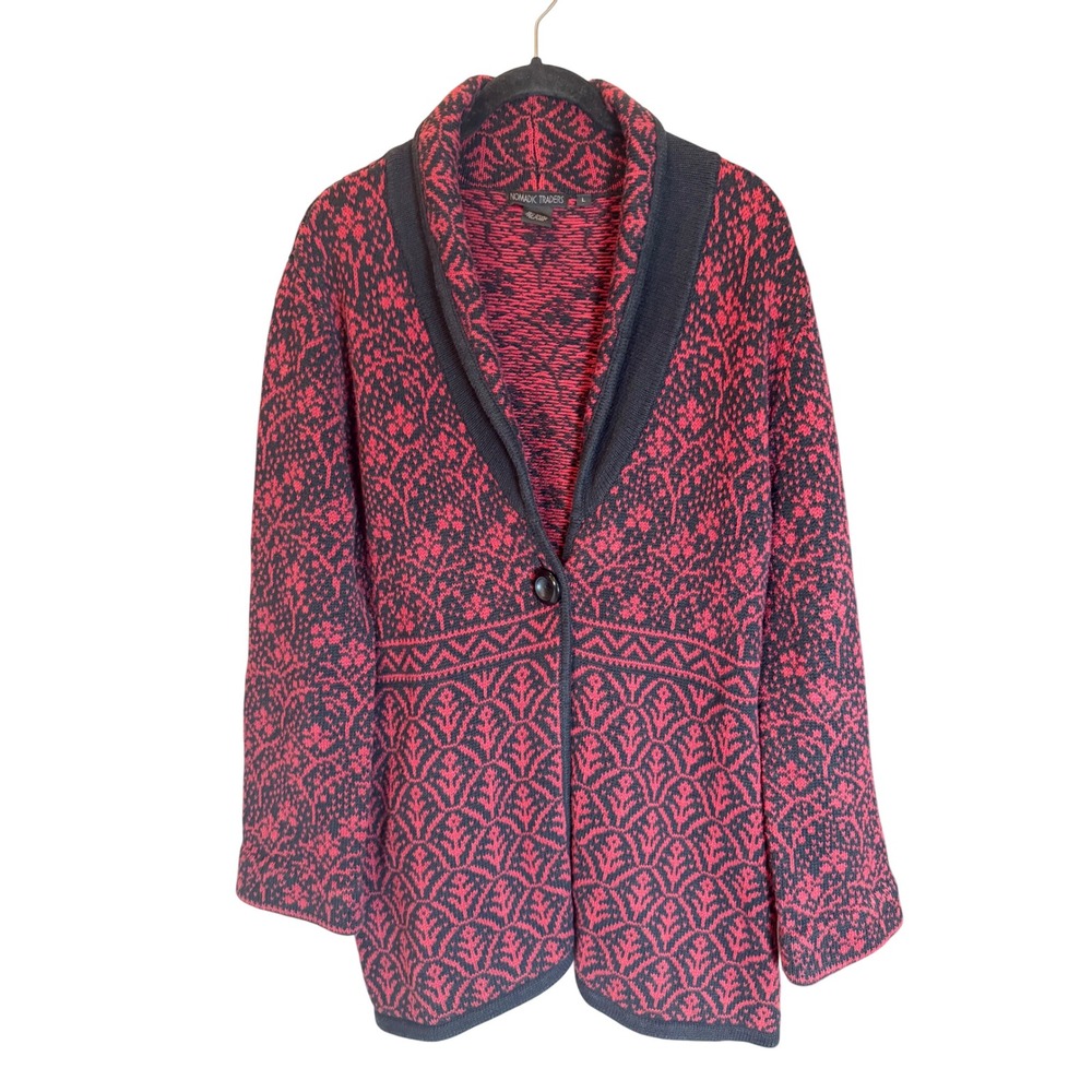 Nomadic Traders Womens Large Red Black Jacquard Shawl Collar Cardigan Sweater